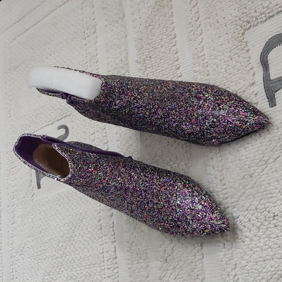 ALLEGRA K GLITTER POINTED TOE CHUNKY HEEL PURPLE ANKLE BOOTS - Picture 2 of 12